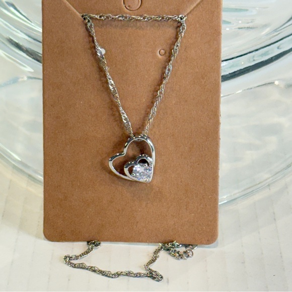 NEW Silver-Tone Double Heart Pendant Necklace – Sparkling CZ Accent - Picture 14 of 15